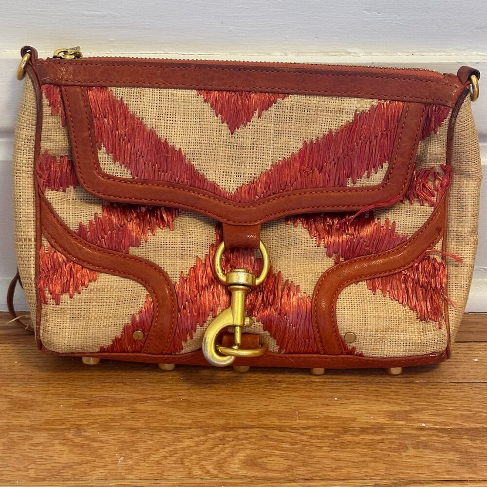 Rebecca Minkoff MAC Straw Raffia Clutch Crossbody in Coral